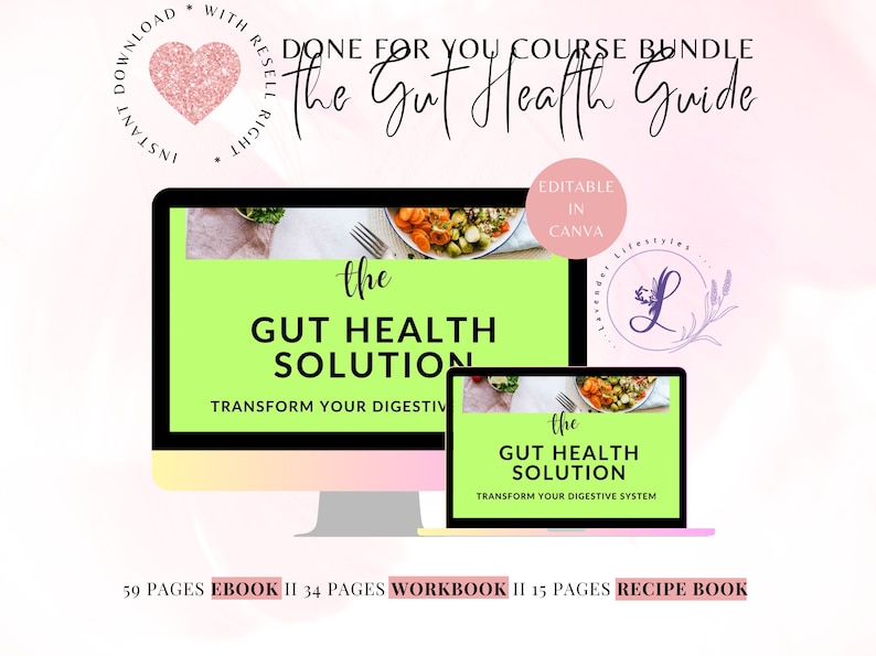 K&ouml;nnte beinhalten: Ein digitales Produktpaket f&uuml;r die Darmgesundheit, mit einem gr&uuml;n-wei&szlig;en Design und dem Text "The Gut Health Solution: Transform Your Digestive System". Das Paket beinhaltet ein 59-seitiges E-Book, ein 34-seitiges Arbeitsbuch und ein 15-seitiges Rezeptbuch.