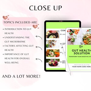K&ouml;nnte beinhalten: Ein gr&uuml;nes und wei&szlig;es digitales Tablet mit dem Text "the GUT HEALTH SOLUTION" und "TRANSFORM YOUR DIGESTIVE SYSTEM". Das Tablet liegt auf einer wei&szlig;en Oberfl&auml;che mit einem wei&szlig;en Stift.