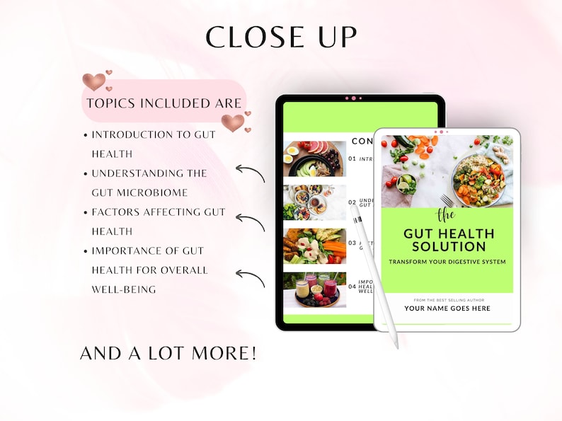 K&ouml;nnte beinhalten: Ein gr&uuml;nes und wei&szlig;es digitales Tablet mit dem Text "the GUT HEALTH SOLUTION" und "TRANSFORM YOUR DIGESTIVE SYSTEM". Das Tablet liegt auf einer wei&szlig;en Oberfl&auml;che mit einem wei&szlig;en Stift.