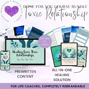 Puede incluir: Un paquete de productos digitales para coaches de vida, titulado "Relación Tóxica". El paquete incluye contenido preescrito, editable en Canva, y una solución de sanación. La imagen muestra una pantalla de computadora portátil que muestra el título del curso, una pantalla de teléfono con un diseño similar y varios cuadernos digitales.