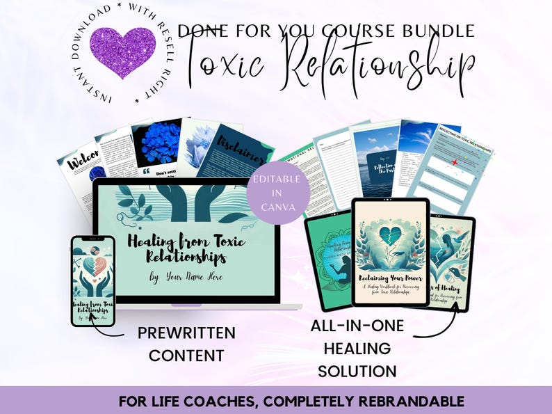 lead magnet workbook, journal with prompts, digital done for you, mental health bundle, Positive Affirmation, Personal Development, life coaching tools, toxic relationship, plr ebook  resources, canva course creator, therapist counsellor