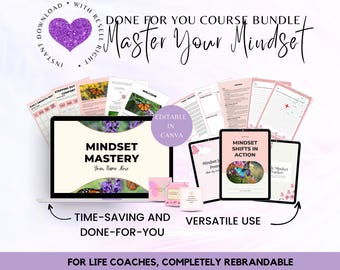 May include: A digital product bundle for life coaches, titled "Master Your Mindset". The bundle includes several printable worksheets and guides, all editable in Canva. The image features a laptop screen displaying a worksheet titled "Mindset Mastery", along with other worksheets such as "Mindset Shifts in Action" and "Daily Mindset Tracker".