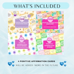 Op de afbeelding: Vier digitale printbare kaarten met kleurrijke achtergronden en roze tekst. De kaarten zijn getiteld "120 Positieve Affirmaties voor Zelfvertrouwen", "100 Positieve Affirmaties Zomer Editie", "100 Positieve Affirmaties voor Zelfvertrouwen" en "100 Positieve Affirmaties voor Moeder".