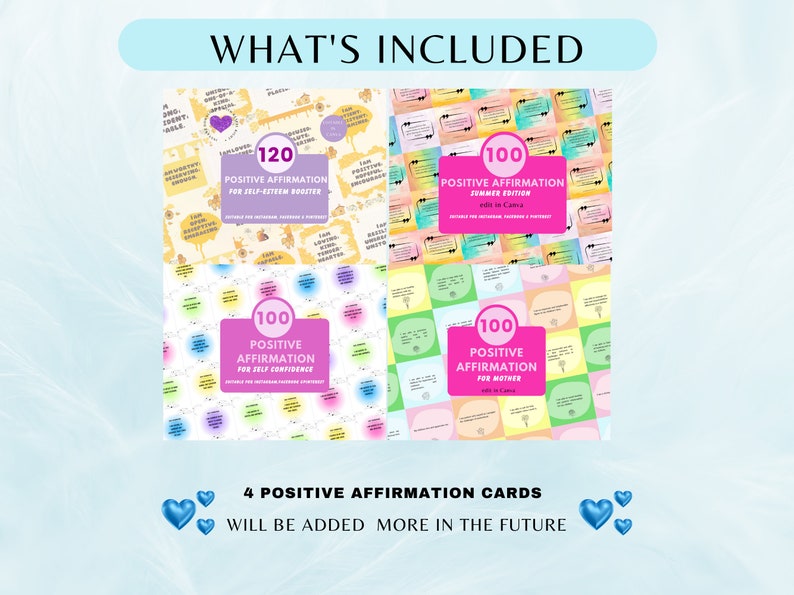 Op de afbeelding: Vier digitale printbare kaarten met kleurrijke achtergronden en roze tekst. De kaarten zijn getiteld "120 Positieve Affirmaties voor Zelfvertrouwen", "100 Positieve Affirmaties Zomer Editie", "100 Positieve Affirmaties voor Zelfvertrouwen" en "100 Positieve Affirmaties voor Moeder".