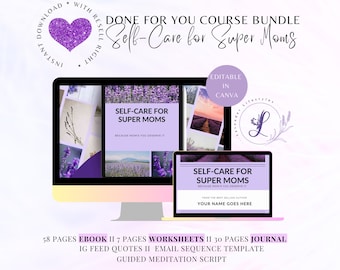 May include: A digital product bundle titled "Self-Care for Super Moms" displayed on a computer monitor and laptop. The bundle includes an ebook, worksheets, a journal, and more. The design features purple and lavender tones with the text "Editable in Canva."