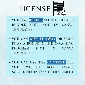 Op de afbeelding: Een blauw en wit tekstdocument met het woord "LICENSE" in grote, vetgedrukte letters bovenaan. Het document beschrijft de gebruiksvoorwaarden voor een cursusbundel, inclusief de mogelijkheid om de bundel door te verkopen, weg te geven als bonus en de inhoud voor verschillende doeleinden te gebruiken.