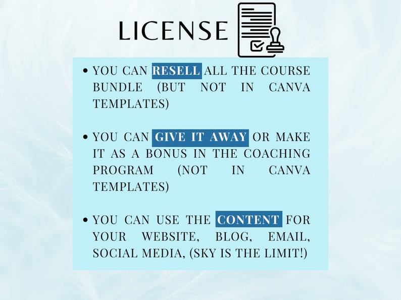 Op de afbeelding: Een blauw en wit tekstdocument met het woord "LICENSE" in grote, vetgedrukte letters bovenaan. Het document beschrijft de gebruiksvoorwaarden voor een cursusbundel, inclusief de mogelijkheid om de bundel door te verkopen, weg te geven als bonus en de inhoud voor verschillende doeleinden te gebruiken.