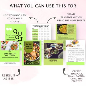 K&ouml;nnte beinhalten: Ein gr&uuml;nes und wei&szlig;es digitales Produkt-Mockup mit dem Text "The Gut Health Solution" und "Transform Your Digestive System". Das Mockup zeigt ein Arbeitsbuch, ein Rezeptbuch und eine t&auml;gliche Gewohnheits-Checkliste. Der Text "What You Can Use This For" befindet sich oben im Bild. Pfeile zeigen auf die verschiedenen Verwendungszwecke des Produkts, darunter das Coaching von Kunden, die Erstellung von Transformationen und der Weiterverkauf des Produkts.