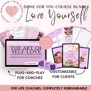 Puede incluir: Un paquete de cursos digital rosa y morado titulado "Love Yourself" con las palabras "The Art of Self-Love" y "Building Confidence from the Inside Out". El curso es editable en Canva e incluye un plan de amor propio, hojas de trabajo y páginas de diario.