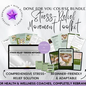 Może przedstawiać: Pakiet produktów cyfrowych do łagodzenia stresu poprzez ruch. Pakiet zawiera kurs, arkusze robocze i karty technik oddechowych. Tekst na obrazku brzmi "Stress Relief Movement Toolkit", "Stress Relief Through Movement", "Finding Peace in Motion", "Move & Unwind", "Breathing Technique Cards", "Comprehensive Stress Relief Solution", "Beginner-Friendly & Adaptable", oraz "For Health & Wellness Coaches, Completely Rebrandable".