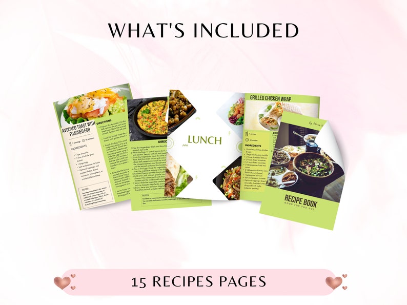 K&ouml;nnte beinhalten: Ein gr&uuml;nes und wei&szlig;es Rezeptbuch mit 15 Rezepten. Das Buch enth&auml;lt Rezepte f&uuml;r Avocado-Toast mit pochiertem Ei, gegrilltem H&uuml;hnchen-Wrap und andere Gerichte. Das Buch tr&auml;gt den Titel "Rezeptbuch: Essen f&uuml;r die Seele".