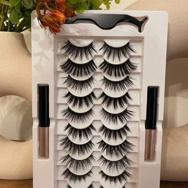 10 pairs magnetic eyelashes no glue need with 2 eyeliner and 1 tweezers + Free shipping/ Wholesale