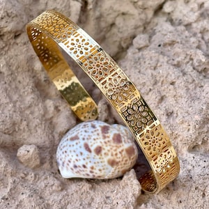 Gold Armreif Damen 14K vergoldet – Art Déco Armspange geometrisch, Gravur Armband, Geschenk für sie