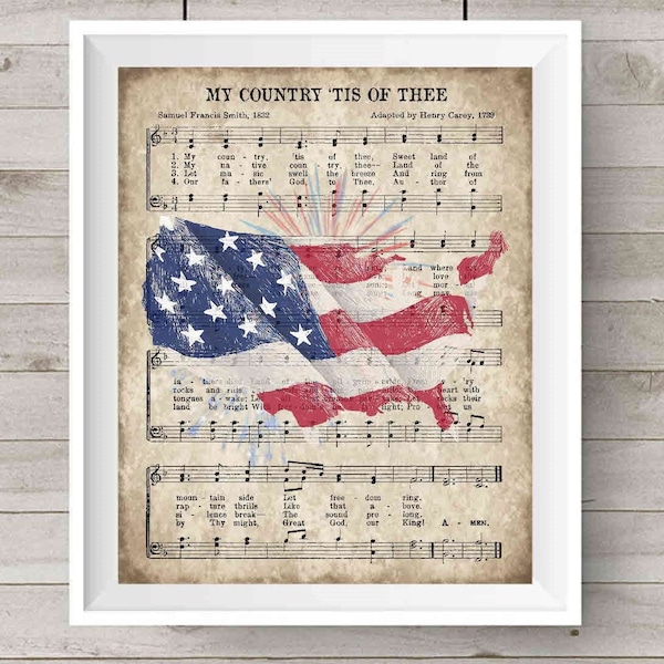 Patriotic hymn, printable vintage hymn, My Country Tis of Thee. American Flag wall decor, 4th of July decor, United States digital sign