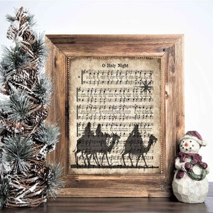 Christmas digital sign, O Holy night three wisemen, vintage Christmas carol, rustic digital download, Holiday wall decor printable