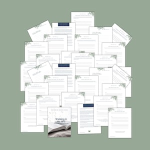 May include: A collection of printable journal pages with the title "Walking in His Will" and a floral design. The pages are designed to help you reflect on your faith and daily life.