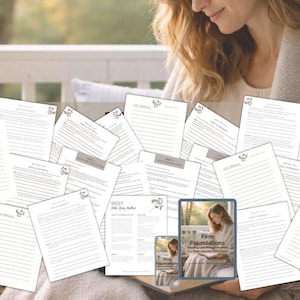 May include: A selection of lined journal pages and digital devices with the text "Firm Foundations" and "Journal". The image shows a woman with long hair, a cup of coffee, and a cosy blanket. The theme is journaling and self-care.