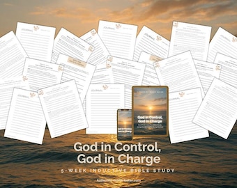 May include: An image featuring a collection of journal pages, a smartphone, and a tablet. The tablet and phone display the cover of a Bible study guide titled "God in Control, God in Charge." The pages are scattered, suggesting a study session.