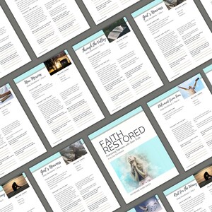 Può includere: Un diario devozionale blu e bianco con il titolo "Fede restaurata: Superare la depressione con la verità di Dio" e una foto di una donna che prega. Il diario è un devozionale di 21 giorni.