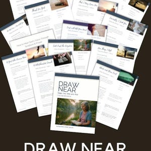 May include: A printable devotional guide titled "Draw Near: Deepen Your Walk with God" with a blue and white color scheme. The cover features a photo of a woman reading a book by a river. The devotional guide is available for purchase on Etsy.