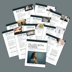 May include: A selection of printed devotional guides and a book titled "Filled with Power." The book cover shows a woman with her eyes closed. The guides have titles such as "Guided into Truth" and "Gifts for Good."