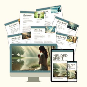 May include: A digital illustration of a woman praying with a lake and sky in the background. The text "YIELDED SPIRIT" is on a tablet and phone, with the subtitle "Waking in Complete Surrender to God" and the text "A 25-Day Devotional".