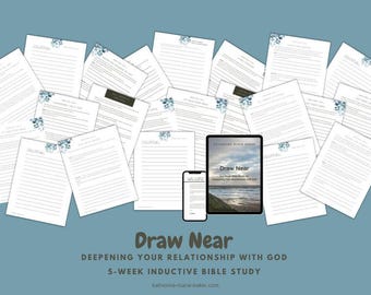 May include: A 5-week inductive Bible study titled "Draw Near: Deepening Your Relationship with God" with a blue and white floral design. The study includes printable worksheets and a digital ebook.