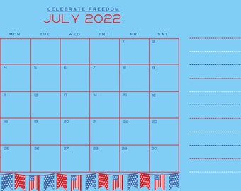 July 2022 Calendar 4th of July Celebration, Fireworks, Red White and Blue Printable Calendar