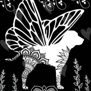 Relaxing mandala coloring page of a dog with wings in nature. Mythical dog surrounded by vines.