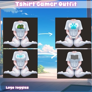 May include: Digital artwork displaying four white t-shirts with various designs. The shirts feature a frog, paw print, the word "BRAT", and a blank rectangle. The text "Tshirt Gamer Outfit" and "Logo toggles" are also visible.