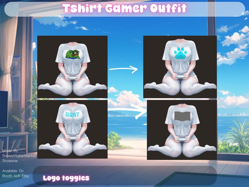 May include: Digital artwork displaying four white t-shirts with various designs. The shirts feature a frog, paw print, the word "BRAT", and a blank rectangle. The text "Tshirt Gamer Outfit" and "Logo toggles" are also visible.