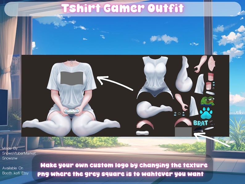 May include: An illustration of a gamer outfit, featuring a white t-shirt with a grey square, thigh-high socks, and accessories. Text includes "Tshirt Gamer Outfit" and "Make your own custom logo".
