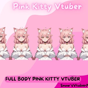 May include: Five different animated expressions of a pink kitty Vtuber with pink hair, white clothing, and cat ears. The text "Pink Kitty Vtuber" is at the top of the image and the text "FULL BODY PINK KITTY VTUBER" is at the bottom of the image. The text "Snow's VtuberMarket" is at the bottom right of the image.
