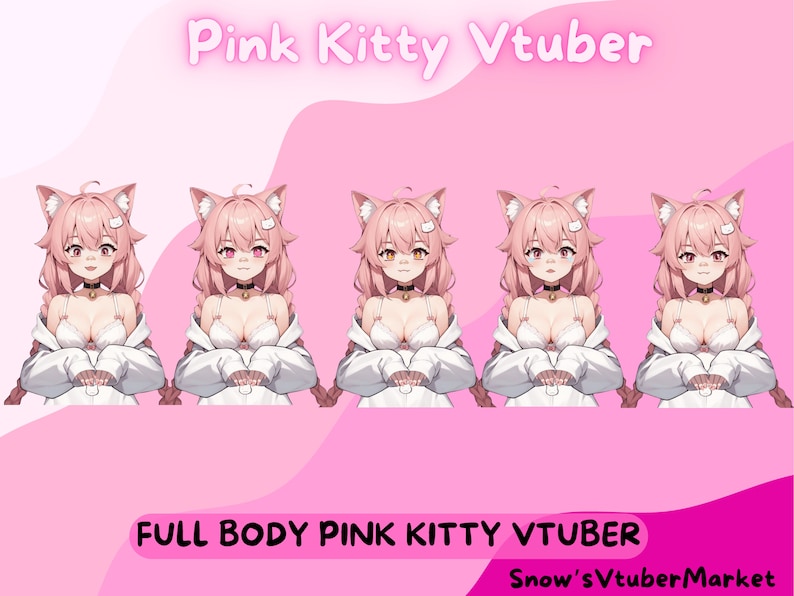 May include: Five different animated expressions of a pink kitty Vtuber with pink hair, white clothing, and cat ears. The text "Pink Kitty Vtuber" is at the top of the image and the text "FULL BODY PINK KITTY VTUBER" is at the bottom of the image. The text "Snow's VtuberMarket" is at the bottom right of the image.