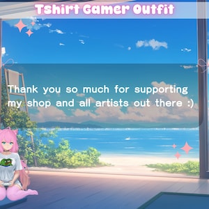 May include: An anime-style illustration with the text "Tshirt Gamer Outfit." The image includes a character wearing a t-shirt with a frog graphic. Text reads "Thank you so much for supporting my shop and all artists out there :)"