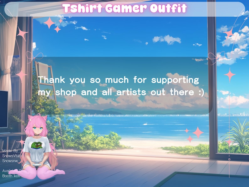 May include: An anime-style illustration with the text "Tshirt Gamer Outfit." The image includes a character wearing a t-shirt with a frog graphic. Text reads "Thank you so much for supporting my shop and all artists out there :)"