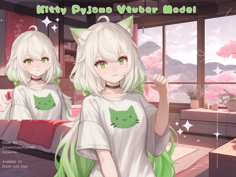 May include: A white and green anime character with cat ears and a white t-shirt with a green cat graphic. The character is standing in a bedroom with a window behind them. The text "Kitty Pyjama Vtuber Model" is at the top of the image.