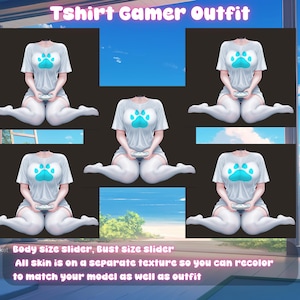 May include: The image features a white t-shirt with a blue paw print design, white shorts, and thigh-high socks. The text "Tshirt Gamer Outfit" is at the top. Additional text includes "Body size slider, Bust size slider" and "All skin is on a separate texture so you can recolor to match your model as well as outfit."