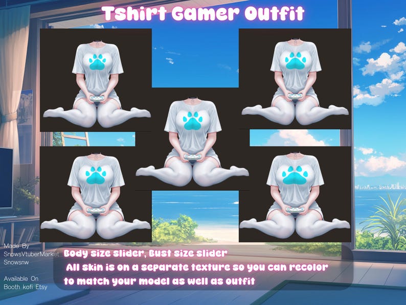 May include: The image features a white t-shirt with a blue paw print design, white shorts, and thigh-high socks. The text "Tshirt Gamer Outfit" is at the top. Additional text includes "Body size slider, Bust size slider" and "All skin is on a separate texture so you can recolor to match your model as well as outfit."