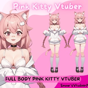 May include: A digital illustration of a pink-haired cat girl wearing a white hoodie and a white bra. The image is labeled "Pink Kitty Vtuber" and "Full Body Pink Kitty Vtuber".