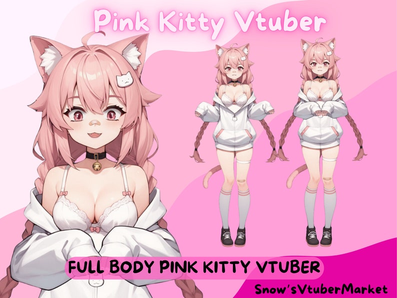 May include: A digital illustration of a pink-haired cat girl wearing a white hoodie and a white bra. The image is labeled "Pink Kitty Vtuber" and "Full Body Pink Kitty Vtuber".
