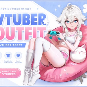 Puede incluir: Ilustración de estilo anime que promociona un atuendo de VTuber. La imagen presenta un personaje con cabello blanco, ojos azules y un mando de juego turquesa. El texto dice "VTUBER OUTFIT" y "VTUBER ASSET" con iconos que indican alta calidad, listo para usar y lindo.