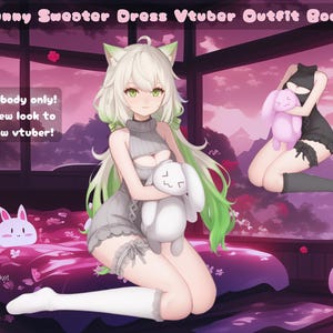 May include: A digital illustration of a Vtuber outfit featuring a grey sweater dress with a bunny design, white stockings, and a white bunny plushie. The text "Vtuber body only! Add a new look to your new vtuber!" is included in the image.