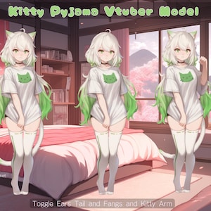 May include: A white and green anime character with long white hair and green highlights. The character is wearing a white t-shirt with a green cat graphic and white thigh-high socks. The character is standing in front of a window with a view of a pink cherry blossom tree. The text "Kitty Pyjoma Vtuber Model" is at the top of the image. The text "Made By SnowsVtuberMarket Snowsnw" is at the bottom left of the image. The text "Available On Booth kofi Etsy" is at the bottom left of the image. The text "Toggle Ears Tail and Fangs and Kitty Arm" is at the bottom center of the image.