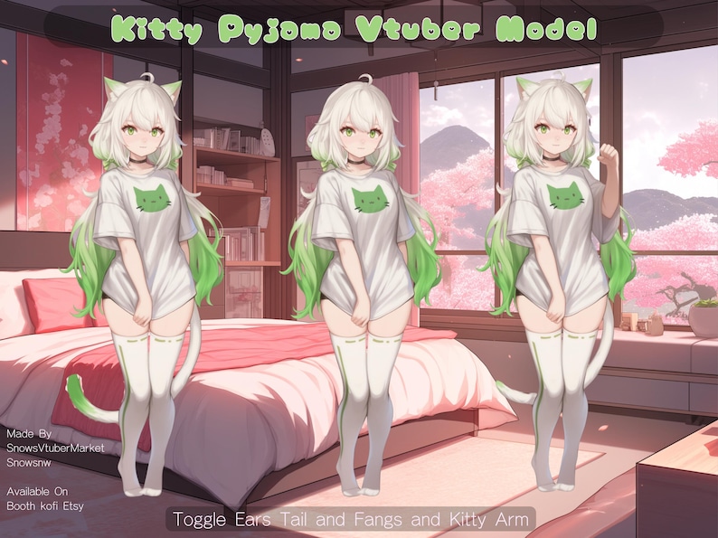 May include: A white and green anime character with long white hair and green highlights. The character is wearing a white t-shirt with a green cat graphic and white thigh-high socks. The character is standing in front of a window with a view of a pink cherry blossom tree. The text "Kitty Pyjoma Vtuber Model" is at the top of the image. The text "Made By SnowsVtuberMarket Snowsnw" is at the bottom left of the image. The text "Available On Booth kofi Etsy" is at the bottom left of the image. The text "Toggle Ears Tail and Fangs and Kitty Arm" is at the bottom center of the image.