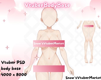 Könnte beinhalten: Eine digitale Illustration einer weiblichen Körperbasis zur Verwendung bei der Erstellung virtueller Charaktere. Das Bild ist in einem rosa und weißen Farbschema gehalten und enthält den Text "Vtuber Body Base" und "Snow's Vtuber Market".