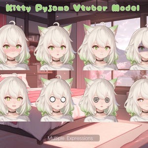 May include: A digital illustration of a white cat wearing pajamas with different facial expressions. The text "Kitty Pyjama Vtuber Model" and "Multiple Expressions" is visible in the image.