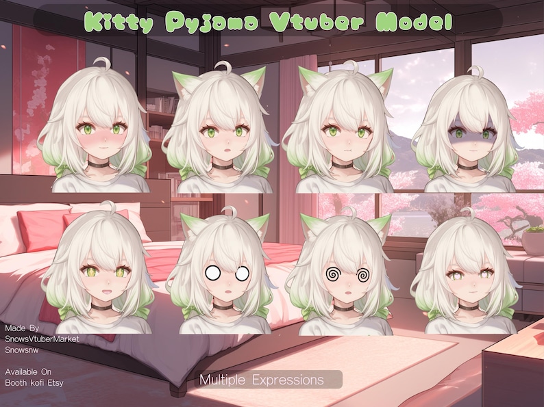 May include: A digital illustration of a white cat wearing pajamas with different facial expressions. The text "Kitty Pyjama Vtuber Model" and "Multiple Expressions" is visible in the image.