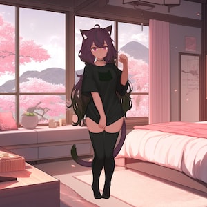 May include: An anime character with purple hair and cat ears wearing a black t-shirt with a cat graphic and black thigh-high stockings. The character is standing in a room with a bed and a window with a view of a cherry blossom tree.