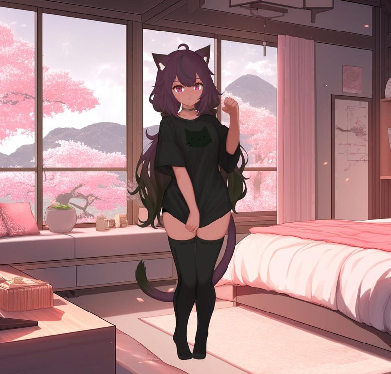 May include: An anime character with purple hair and cat ears wearing a black t-shirt with a cat graphic and black thigh-high stockings. The character is standing in a room with a bed and a window with a view of a cherry blossom tree.